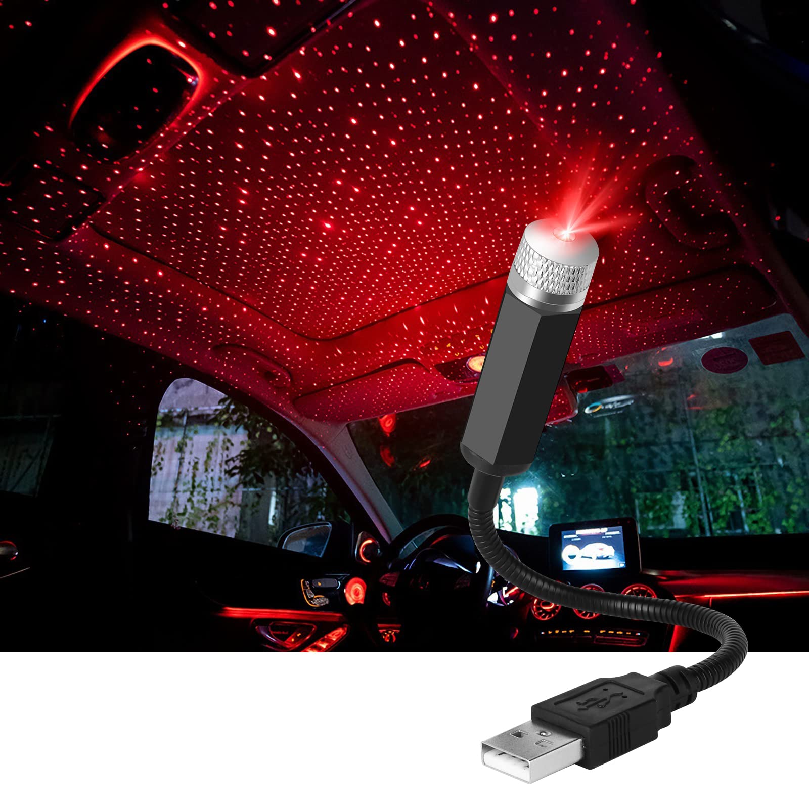 URAQT LED Auto Decke Starlight,Einstellbar Innen Atmosphäre Licht Mehrere Modi Plug and Play USB Mini Projection L Universal für Zuhause Party (Rot) von URAQT