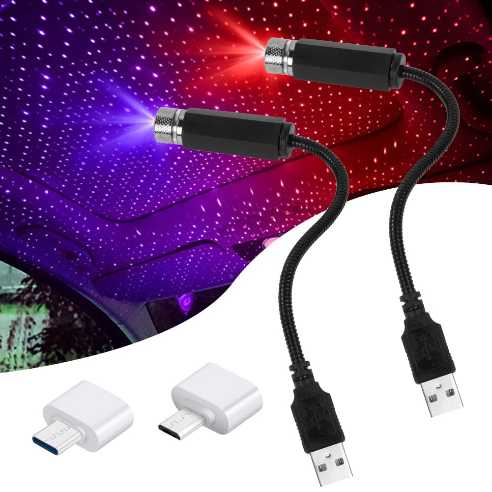 URAQT LED Auto Decke Starlight, 2 Stück Einstellbar Innen Atmosphäre Licht Mehrere Modi Plug and Play USB Mini Starlight Projection LED-Licht Universal für Auto Zuhause Party von URAQT