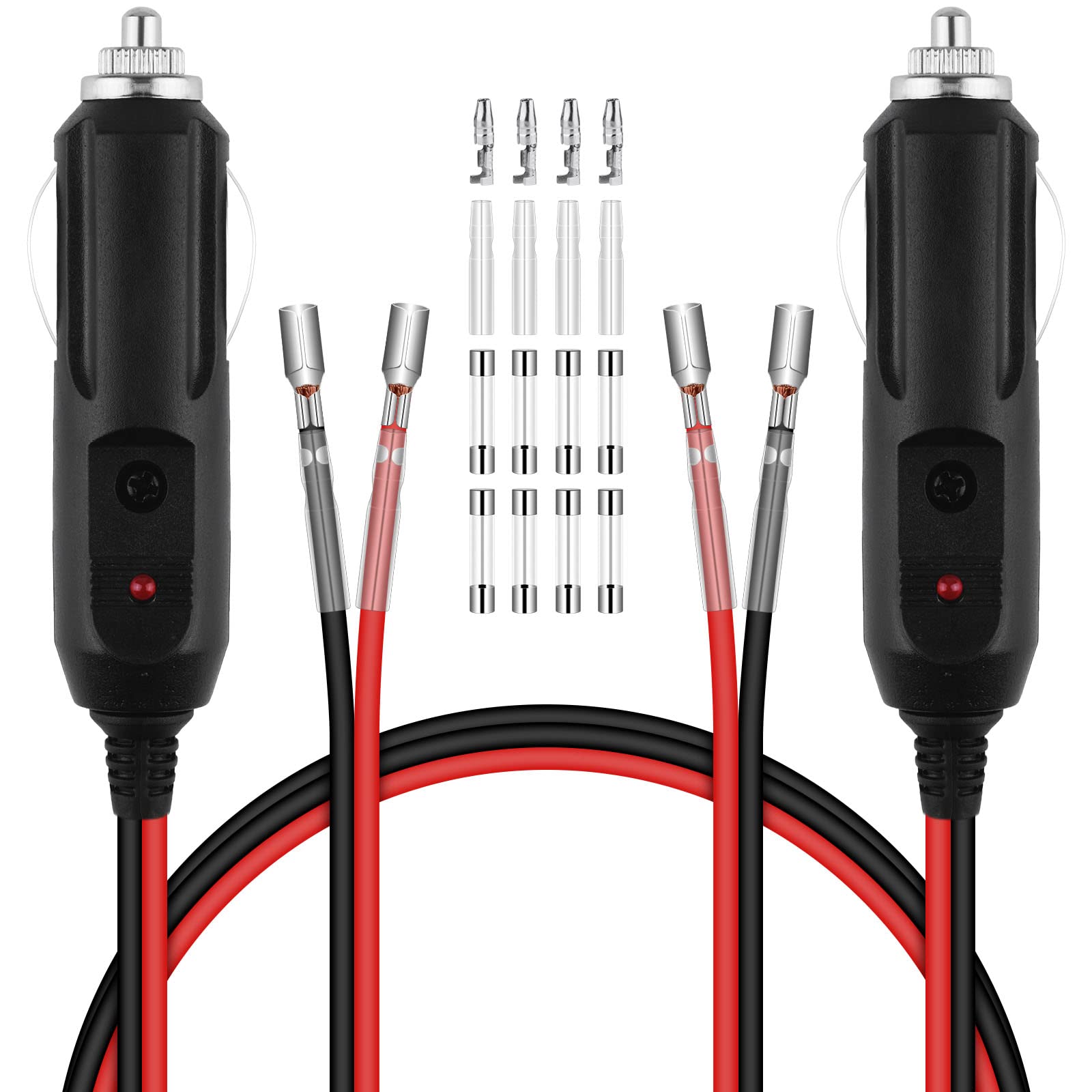 URAQT Zigarettenanzünder Stecker,2 Stück 12V 24V Autostecker mit LED Licht mit 4 set 10A/15A Sicherung Zubehör Stecker Zigarettenanzünder für Tragbaren DVD-Player Auto LKW Buskamera Auto-DVR(28cm) von URAQT