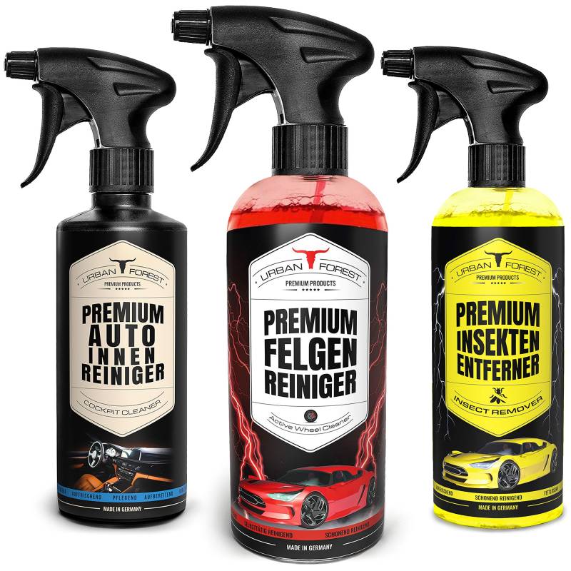 Auto Reiniger Set | Auto Innenraum Reiniger & Innenraumpflege 500ml + Felgen Reiniger 1000ml + Auto Insektenentferner für Lack & Scheiben 500ml als SPARSET | Made in Germany | URBAN Forest von · URBAN FOREST · PREMIUM PRODUCTS