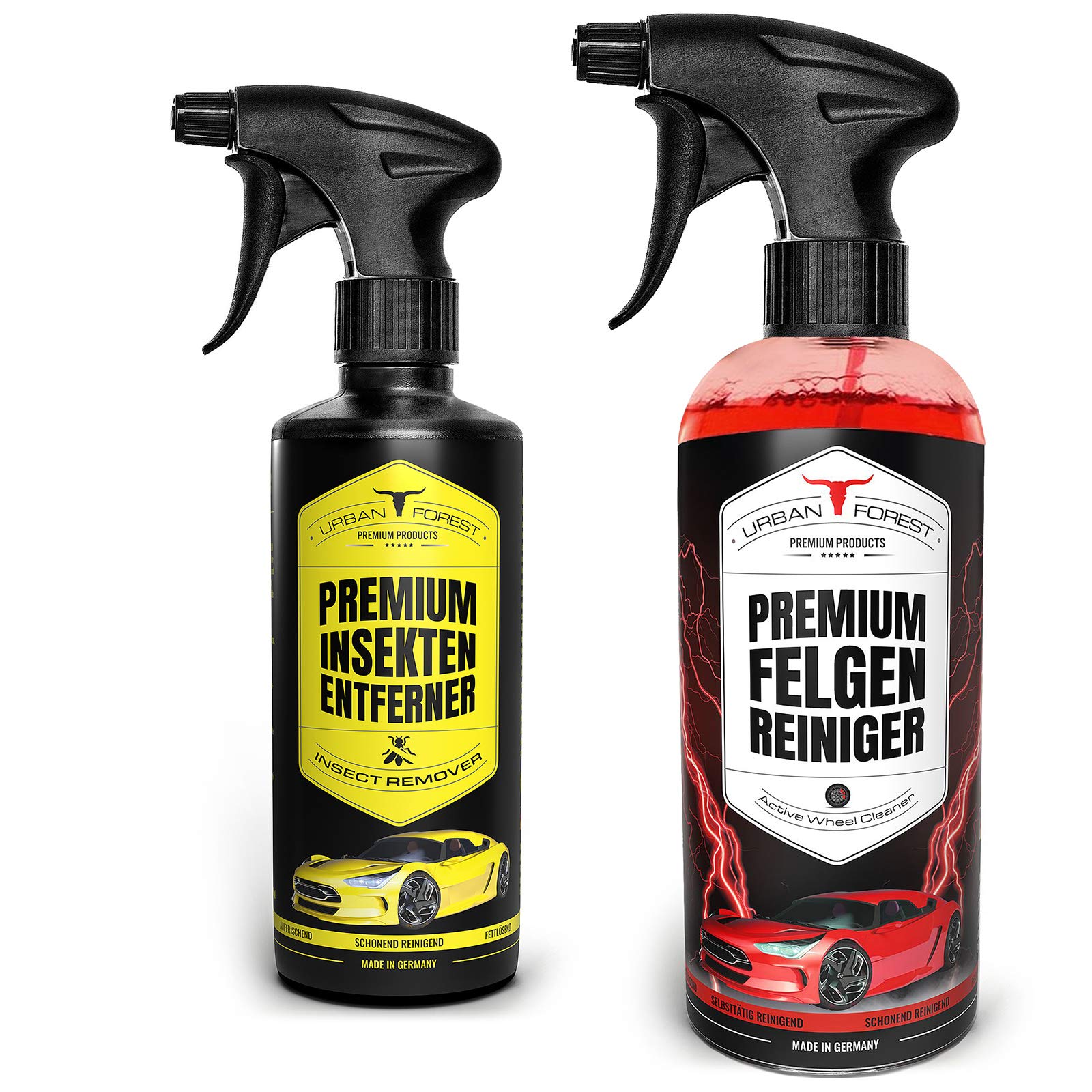 Auto Reiniger SPARSET | Premium Auto Felgenreiniger für lackierte Alu- und Stahlfelgen (1000ml) + Auto Insektenentferner für Windschutzscheibe & Scheinwerfer (500ml) | URBAN Forest von · URBAN FOREST · PREMIUM PRODUCTS