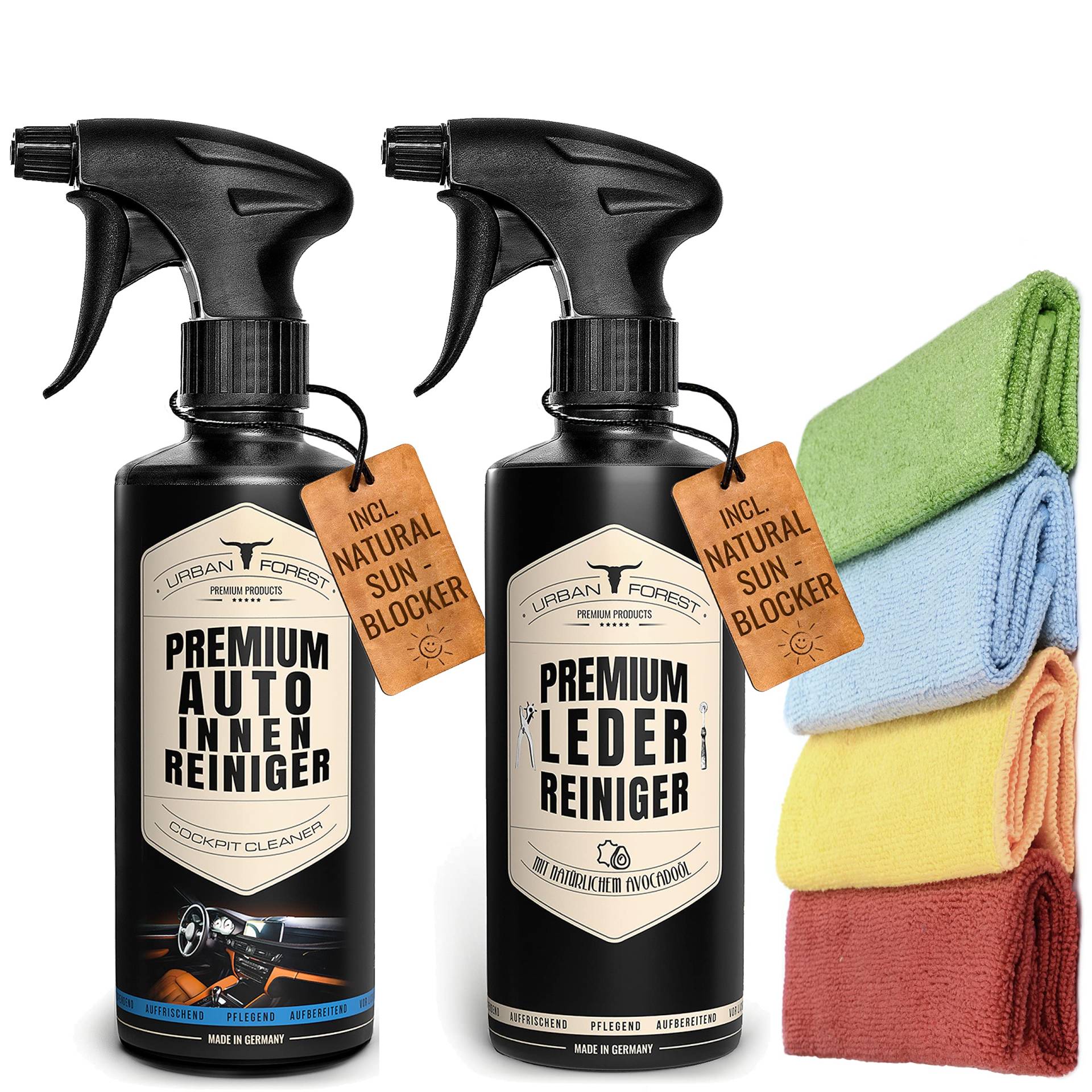 Auto Innenraumreiniger + Auto Leder Reiniger für Auto Lederpflege + 4 Mikrofasertücher Auto Reiniger Set für Innenraumpflege | Professionelle Auto Aufbereitung | URBAN Forest | Made in DE Auto Innenraumreiniger + Auto Leder Reiniger für Auto Lederpflege + 4 Mikrofasertücher Auto Reiniger Set für Innenraumpflege | Professionelle Auto Aufbereitung | URBAN Forest | Made in DE von · URBAN FOREST · PREMIUM PRODUCTS