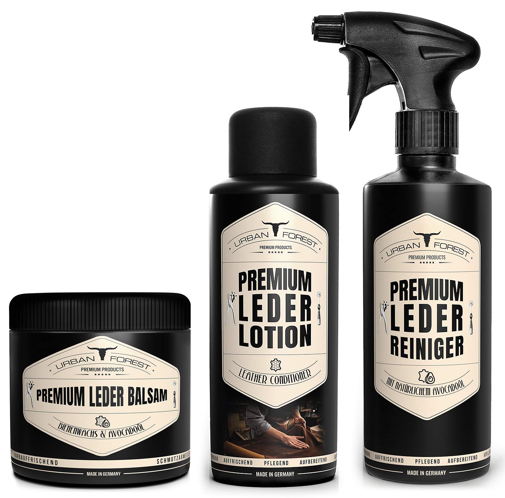 Lederpflege für Auto Sofa Reitsport I Lederpflege-Set zur Reinigung & Pflege von Leder I 3er Set aus Lederreiniger Lederbalsam & Lederlotion I Pflege für Sattel- & Zaumzeug Auto Motorrad Ledercouch Lederpflege für Auto Sofa Reitsport I Lederpflege-Set zur Reinigung & Pflege von Leder I 3er Set aus Lederreiniger Lederbalsam & Lederlotion I Pflege für Sattel- & Zaumzeug Auto Motorrad Ledercouch von URBAN FOREST
