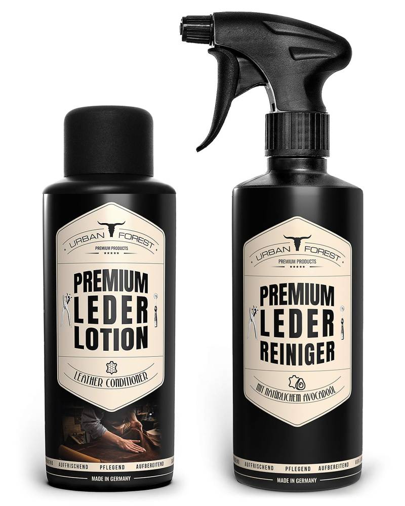 URBAN FOREST® Lederpflege Auto SPARSET Premium Lederreiniger + Leder Lotion 2x 500ml für Leder Sofa Couch Autositze - Auto Lederpflege, Leder Pflegemittel Auto Reinigung, Pflege & Versiegelung von URBAN FOREST