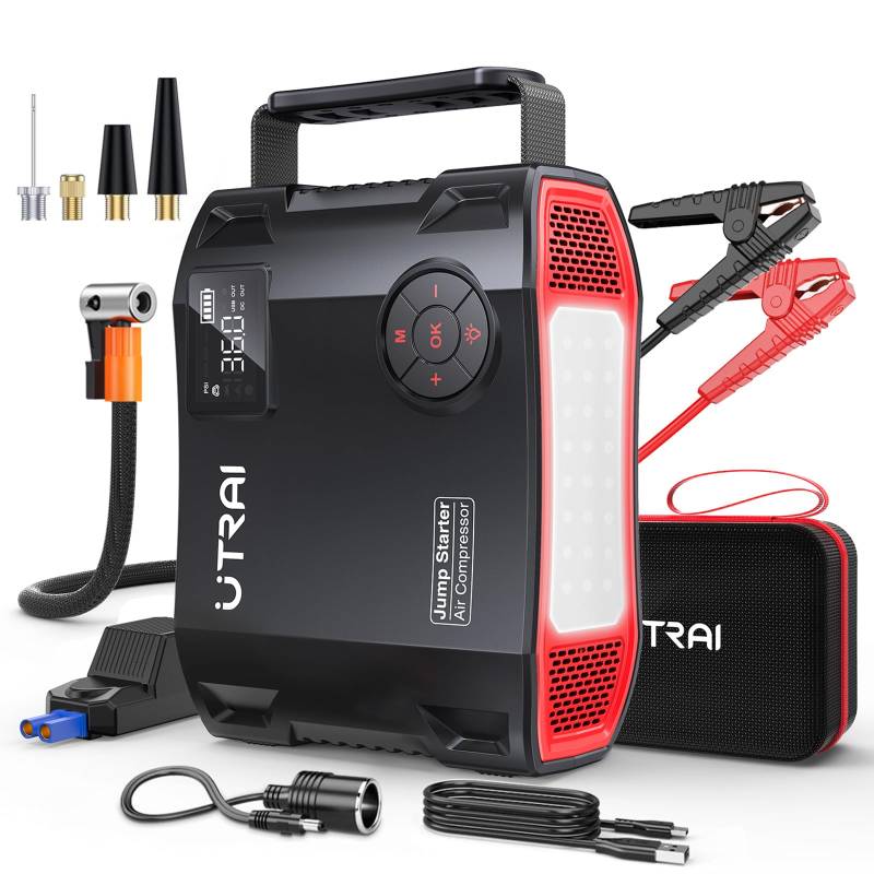 UTRAI 7000A Starthilfe Powerbank für Pkw, 27000mAh Auto Starthilfe Powerbank mit Kompressor, 1600 Lumen LED Taschenlampe, QC3.0, 160W DC-Ausgang, Jump Starter Powerbank für All Benzin, 12L Dieselmotor von UTRAI