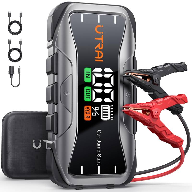UTRAI Starthilfe Powerbank für Pkw 6000A, 65W Schnellladung Auto Starthilfe Powerbank, 27000mAh Jump Starter Auto für All Benzin und 12.0L Dieselmotor, Starthilfe mit LED Taschenlampe, 160WDC-Ausgang von UTRAI
