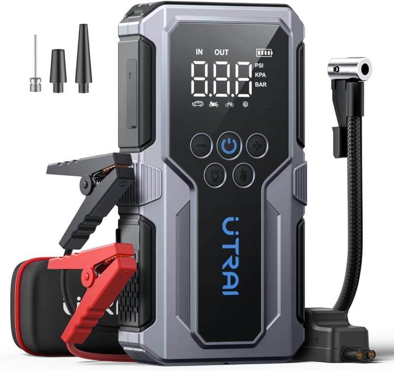 UTRAI Starthilfe Powerbank mit Kompressor,4000A 150PSI Auto Starthilfe Powerbank,Starter Powerbank mit 18W Schnelles Aufladen (bis zu 8,5L Benzin,6.5L Diesel) Starthilfe mit LED,USB von UTRAI