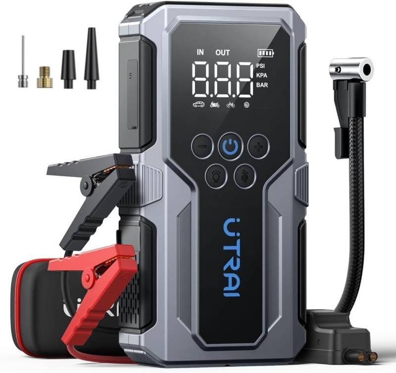 UTRAI Starthilfe Powerbank mit Kompressor 4500A, Booster Auto Starthilfe mit 18-W-Schnellladung, LED-Taschenlampe, Zwangsstart, 12V Jump Starter Powerbank Bis zu 8.5L Benzin & 6.5L Dieselmotor von UTRAI