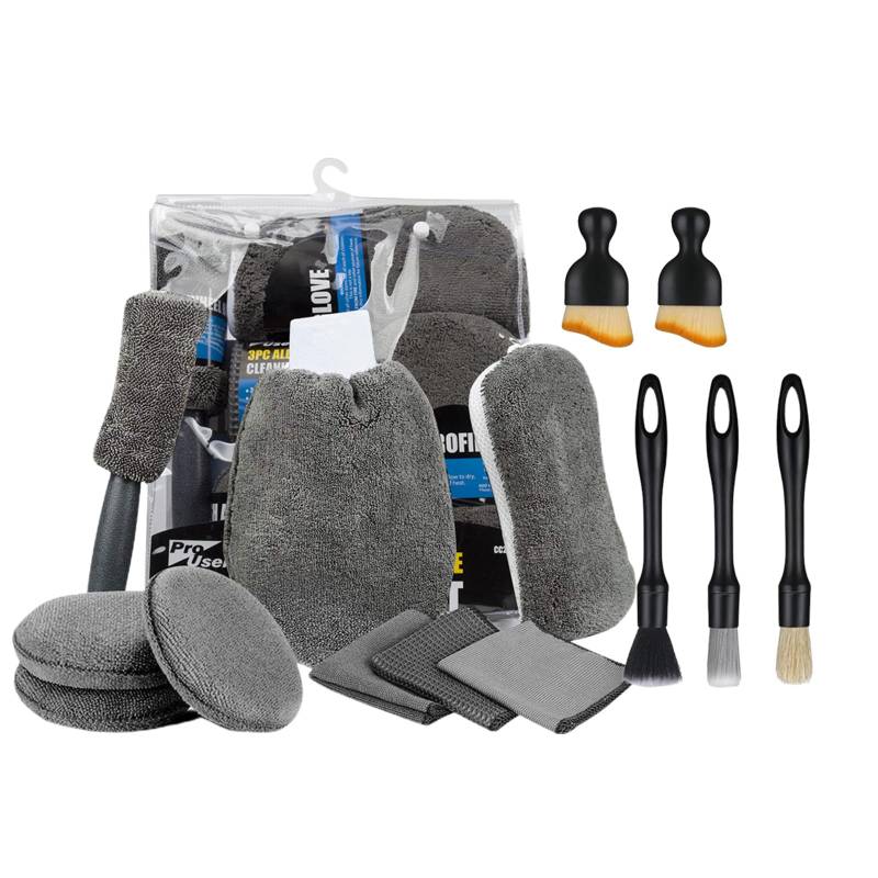 Auto Reinigungsset,14Pcs Autowäsche Set Auto Waschen Set mit Reifenbürste, Staubentfernungsbürste Mehrzweck-reinigungstüchern Polierpad und Schwamm, Innenreinigung Weiche Bürste für Automovie (Grau) von Uixxducc