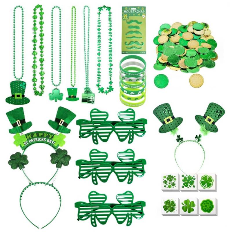 Ujjdwiurgh Green Patricks Day Dekorationen mit Grünen Gläsern, Halsketten, Stirnband, Armbändern, Münzen, Tattoos und Aufklebern-Set für Patricks Day von Ujjdwiurgh