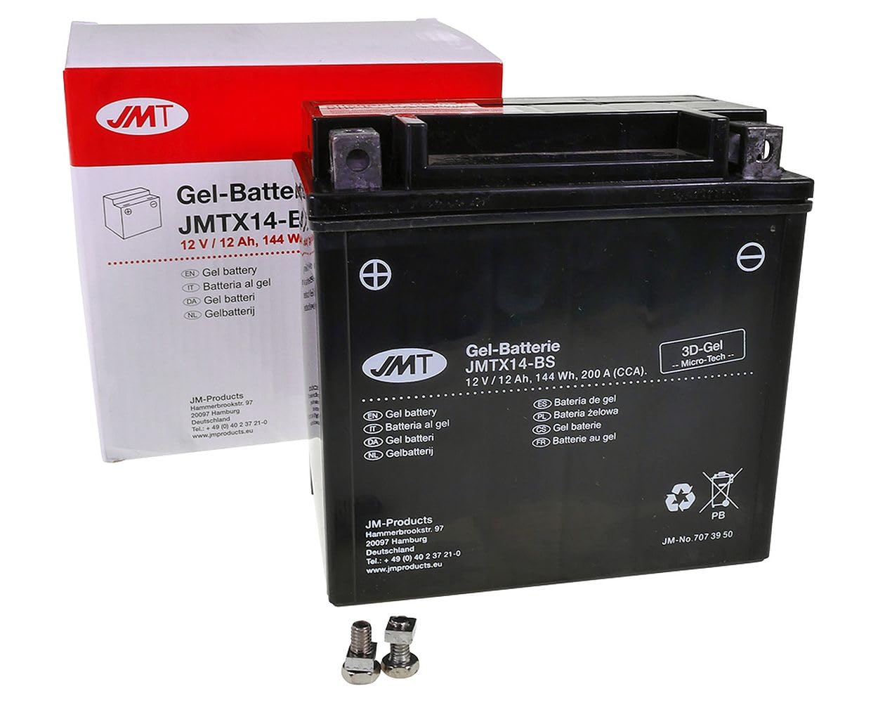 JMT Batterie 12 V 12 Ah (YTX14-BS) [wartungsfrei & versiegelt] kompatibel mit Piaggio/kompatibel mit Vespa Xevo 250 ie, Xevo 400, Suzuki AN 650 Burgman von JMT