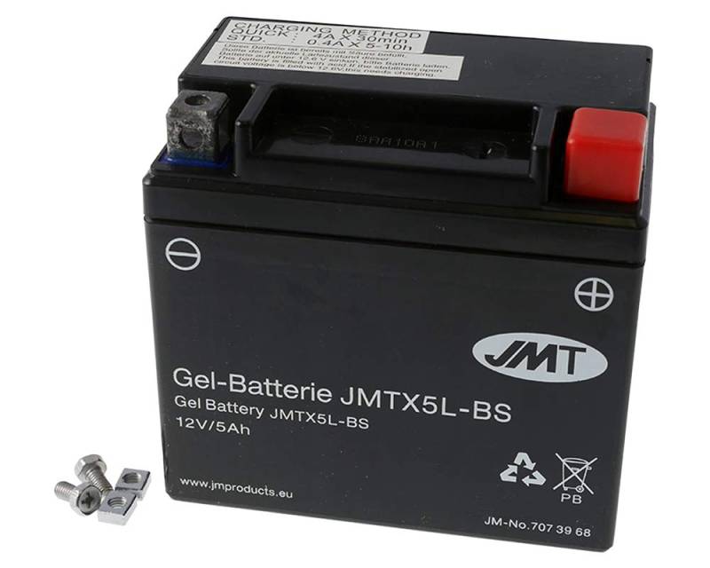 JMT Batterie 12 V 5 Ah (YTX5L-BS) [wartungsfrei & versiegelt] kompatibel für Aprilia SR 50 LC Ditech Sport RLB10 Bj. 2001-2003 von JMT