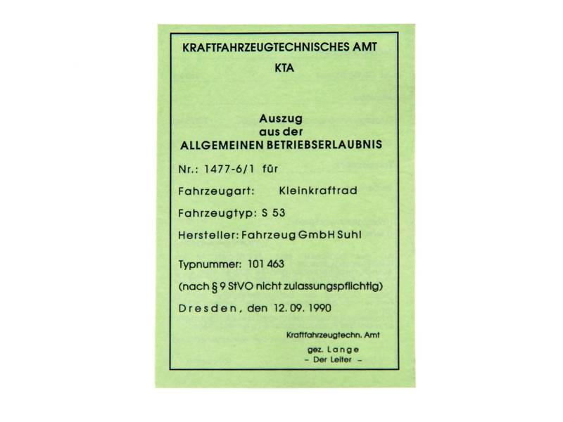 Blanco-Papiere (BTE - für Sammlerzwecke) Simson S53 (bis BJ 1992) von FEZ