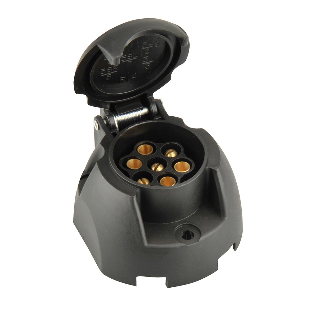 UNITEC Steckdose 7-polig, Kunststoff, Anhängersteckdose, mit Schraubanschluss und Klappdeckel, wasserdicht, IP54, Belastbarkeit: 25 A bei 12 V, schwarz, 1 Stück von Unitec