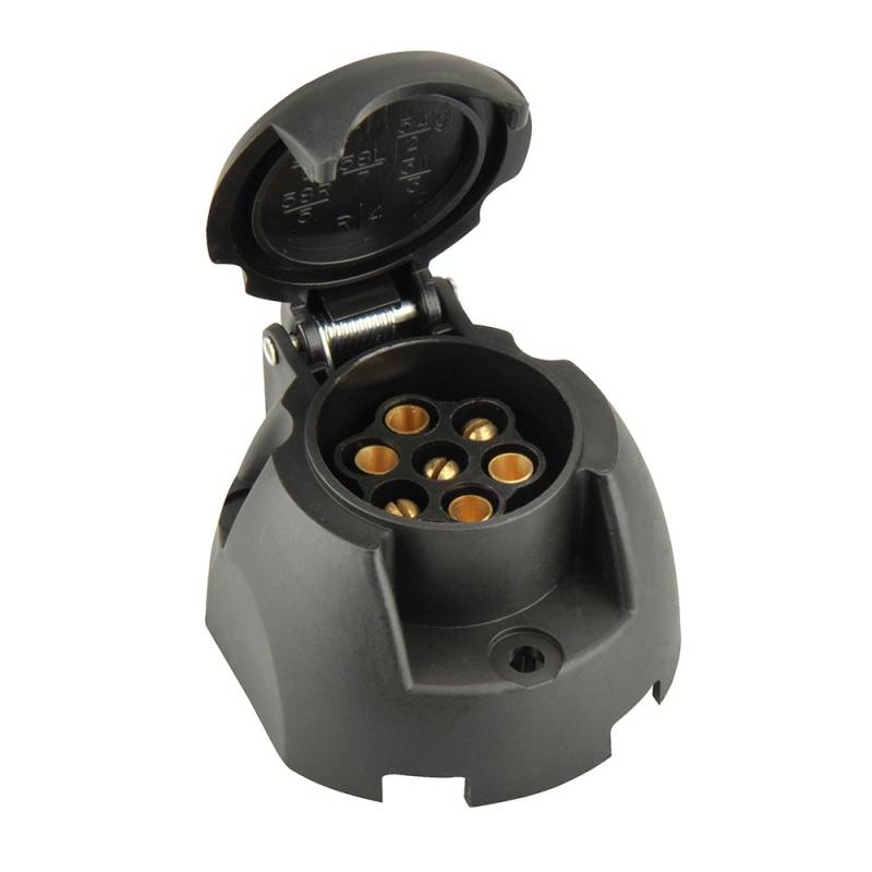 UNITEC Steckdose 7-polig, Kunststoff, Anhängersteckdose, mit Schraubanschluss und Klappdeckel, wasserdicht, IP54, Belastbarkeit: 25 A bei 12 V, schwarz, 1 Stück von Unitec