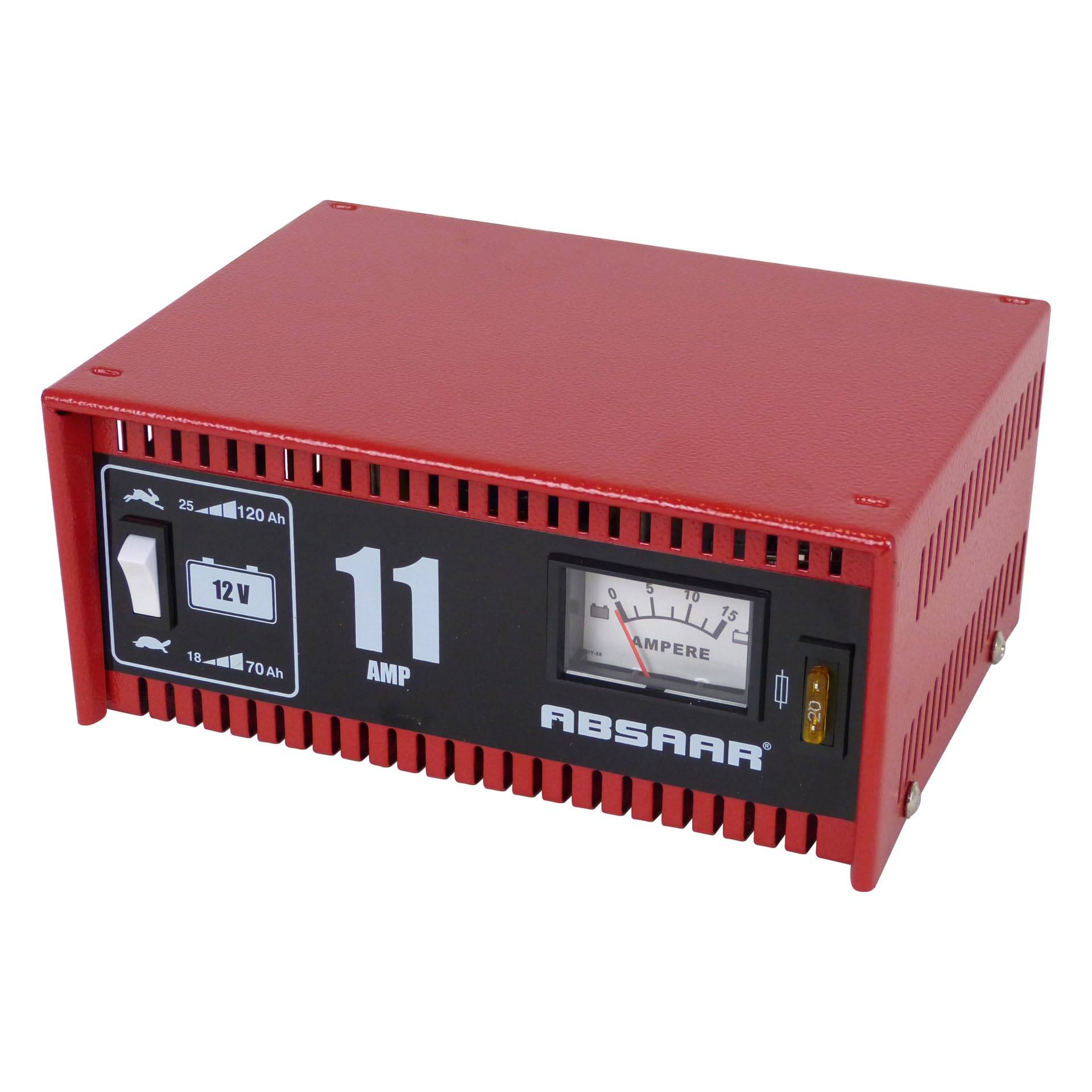 Absaar 77906 Batterieladegerät Werkstattladegerät 11A 12V, für 25 Ah - 120 Ah Batterien, rot/schwarz, 11:00:00 von Absaar