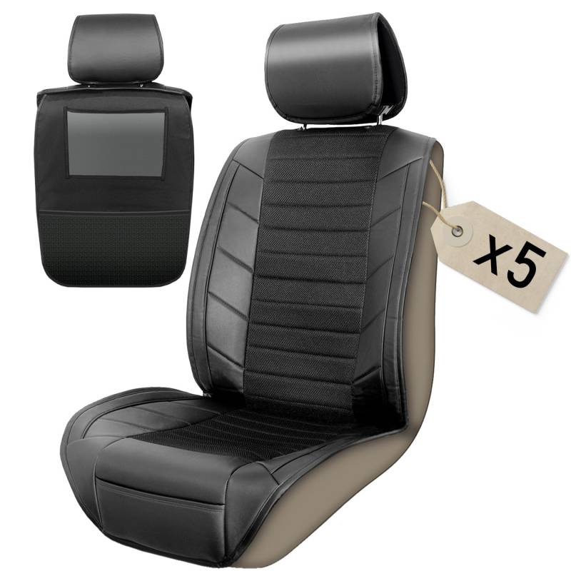 Upgrade4cars 5 x Autositzauflage Vordersitze Leder Optik Schwarz | Auto-Sitzbezüge Vorne mit Rücksitz Organizer | Auto Sitzbezug Universal von Upgrade4cars