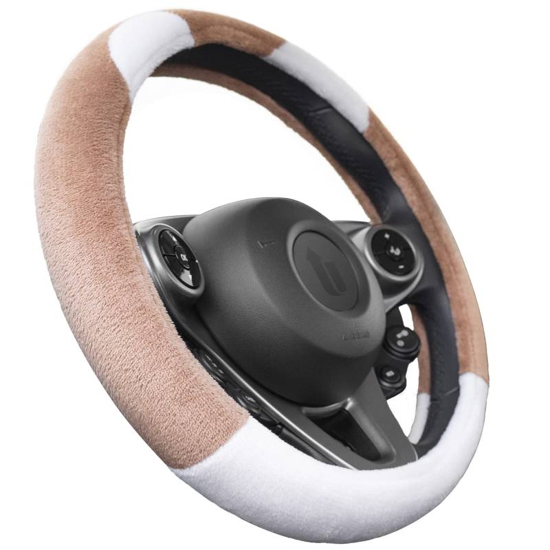 Upgrade4cars Lenkradbezug Winter Teddy Plüsch Braun Weiß | Fell Lenkradhülle Universal 37-39cm Warm & Weich | Autozubehör Innenraum Deko Geschenk-Ideen Geschenke für Frauen Männer von Upgrade4cars