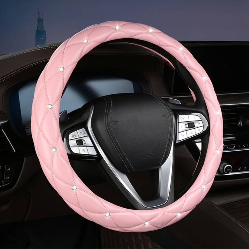 Bling Diamant Strass Auto Lenkradbezug,38CM / 15'' Leder Lenkradabdeckung Anti Rutsch Lenkradhülle Atmungsaktiv Lenkradschutz Lenkradschoner Glitzer Autozubehör für Männer Damen,Rosa von Uposao