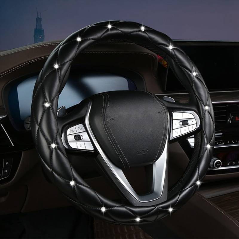 Uposao Bling Diamant Strass Auto Lenkradbezug,38CM / 15'' Leder Lenkradabdeckung Anti Rutsch Lenkradhülle Atmungsaktiv Lenkradschutz Lenkradschoner Glitzer Autozubehör für Männer Damen,Schwarz von Uposao