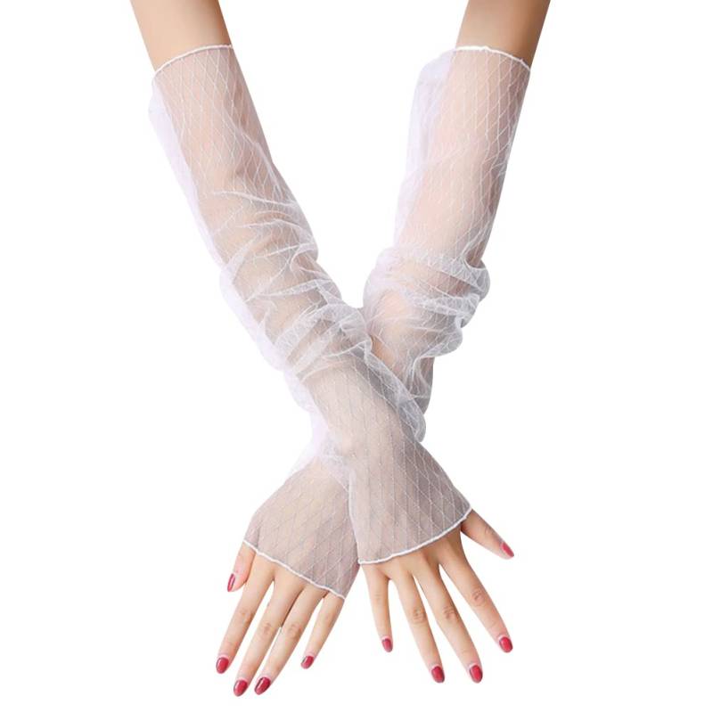 Handschuhe für Damen, Sommer Elegant Spitze Lang Handschuhe Armstulpen Sonnenschutz Fingerlose Handstulpen Hochzeit Brautstulpen Fahrhandschuhe für Hochzeit Party Karneval,Weiß #2 von Uposao