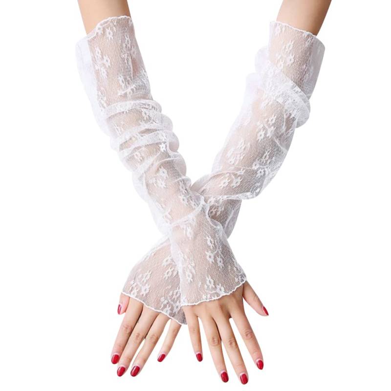 Uposao Handschuhe für Damen, Sommer Elegant Spitze Lang Handschuhe Armstulpen Sonnenschutz Fingerlose Handstulpen Hochzeit Brautstulpen Fahrhandschuhe für Hochzeit Party Karneval,Blumen Weiß von Uposao