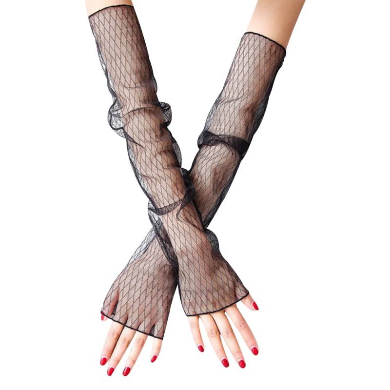 Handschuhe für Damen, Sommer Elegant Spitze Lang Handschuhe Armstulpen Sonnenschutz Fingerlose Handstulpen Hochzeit Brautstulpen Fahrhandschuhe für Hochzeit Party Karneval,Schwarz #2 von Uposao