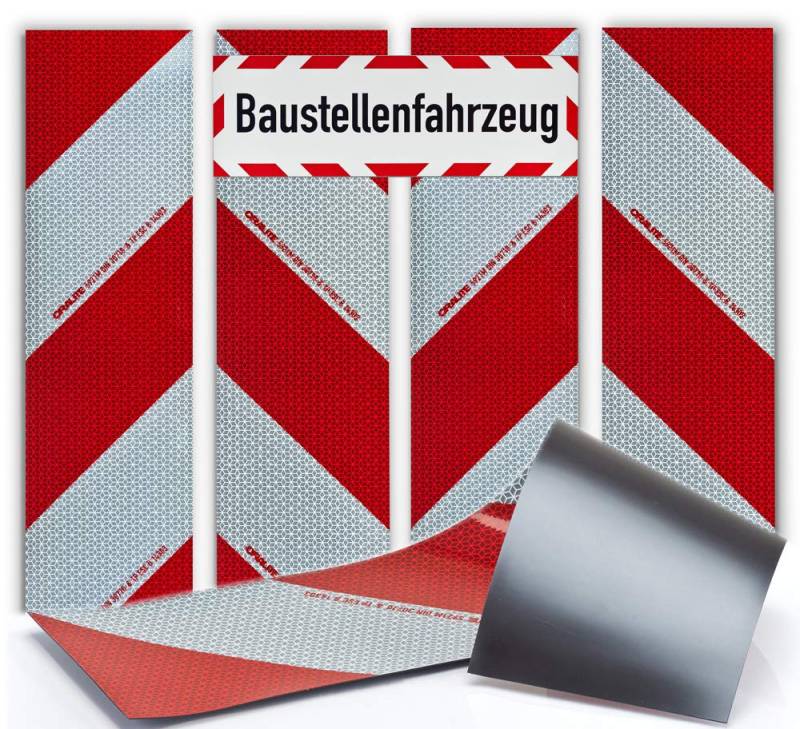 UvV Kfz-Warnmarkierung im Set DIN 30710 für 1 KFZ mit 4 Streifen - 4x141x564 magnetisch + Magnetschild Baustellenfahrzeug 45x15cm von UvV