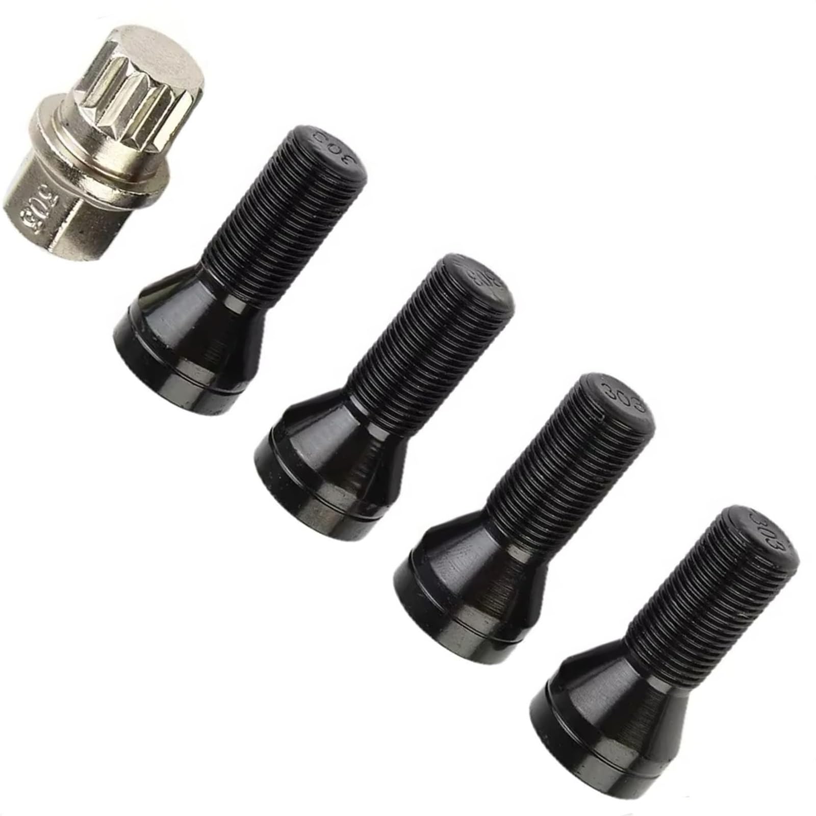 VAAKLM Kompatibel Mit X5 (E70) 2006–2013, 4 Stück M14 X 1,25/M12 X 1,5, Schwarze Alufelgen-Feststellschrauben, Radmuttern, Schlüssel, Edelstahl, OEM: 36136776076 Schloss Radbolzen(M12*1.5) von VAAKLM