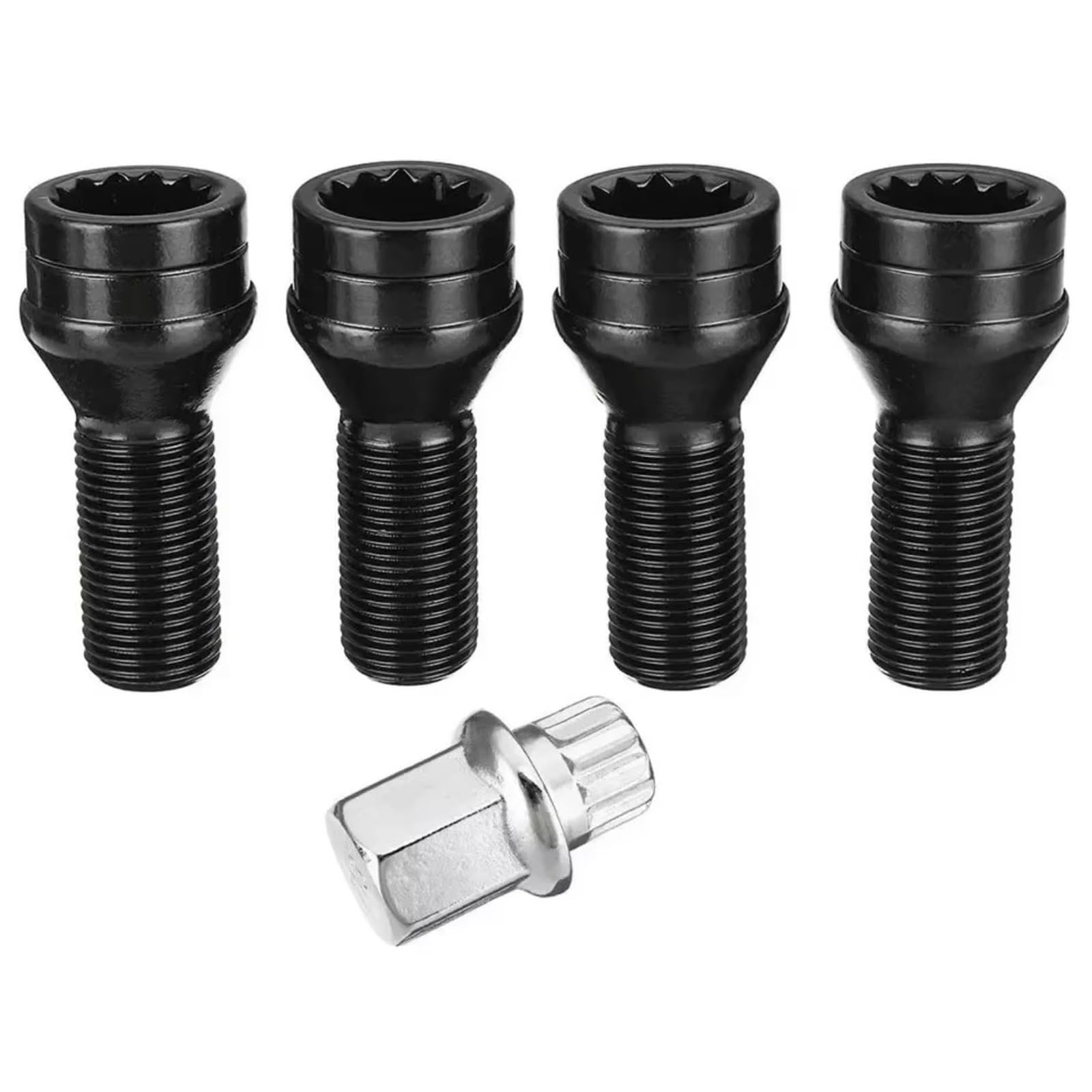 VAAKLM Kompatibel Mit X5 (E70) 2006–2013, 4 Stück M14 X 1,25/M12 X 1,5, Schwarze Alufelgen-Feststellschrauben, Radmuttern, Schlüssel, Edelstahl, OEM: 36136776076 Schloss Radbolzen(M14*1.25) von VAAKLM