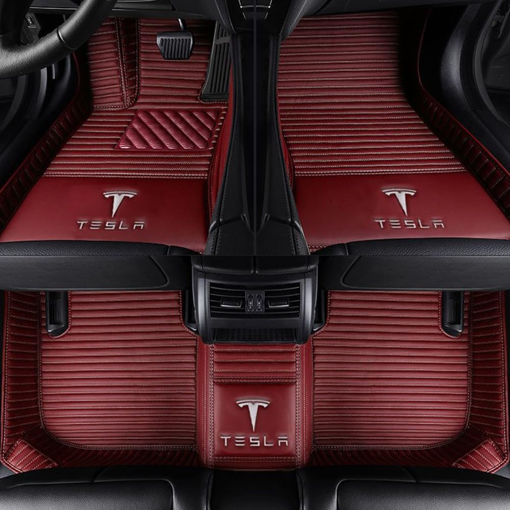 Auto PU-Leder Fußmatten für Tesla Model 3 2019-2023(LHD), Personalisierte für Ihr Auto Anti-Rutsch Fußmatten Volle Abdeckung wasserdichte Automobil Auto Fussmatten Sets,D Red von VAEVEN