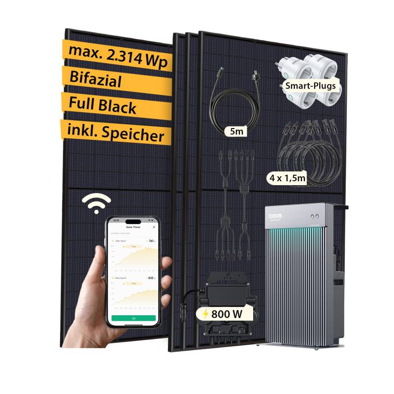 VALE Balkonkraftwerk Bifazial 1.780 Wp Full Black - 800 Watt APsystems Wechselrichter - AIO 2400 Solarbatterie - Solarpanel Set mit Speicher - 5m AC-Kabel von VALE