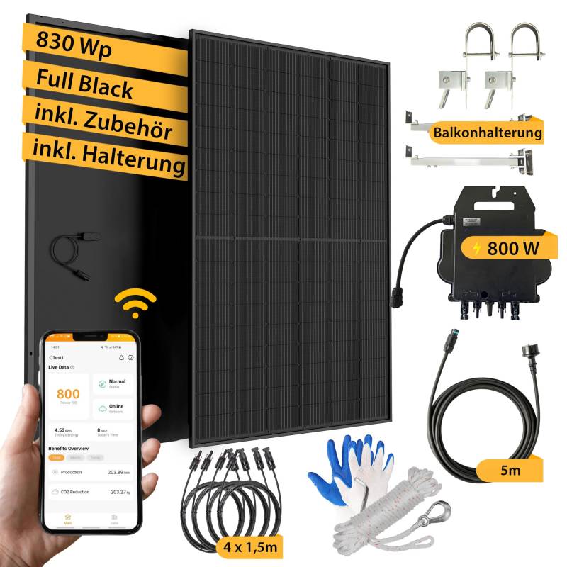 VALE Balkonkraftwerk 800 Watt Full Black - mit Halterung - 830 Wp APsystems Wechselrichter - Solarpanel Komplettset - 5m AC-Kabel & Zubehör von VALE