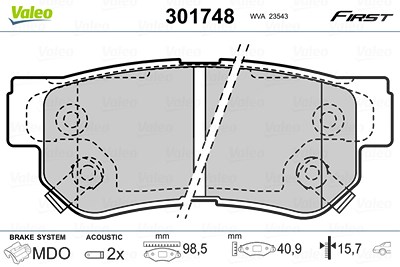 Valeo Bremsbelagsatz, Scheibenbremse [Hersteller-Nr. 301748] für Hyundai, Kia, Ssangyong von VALEO