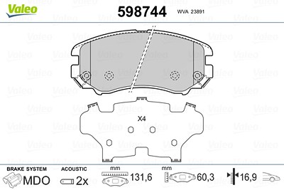 Valeo Bremsbelagsatz, Scheibenbremse [Hersteller-Nr. 598744] für Hyundai, Kia, Mitsubishi von VALEO