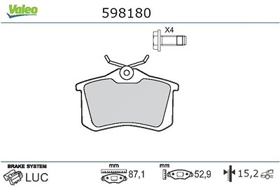 Valeo Bremsbelagsatz Hinterachse [Hersteller-Nr. 598180] für Audi, Citroën, Mg, Peugeot, Renault, Seat, Skoda, VW von VALEO