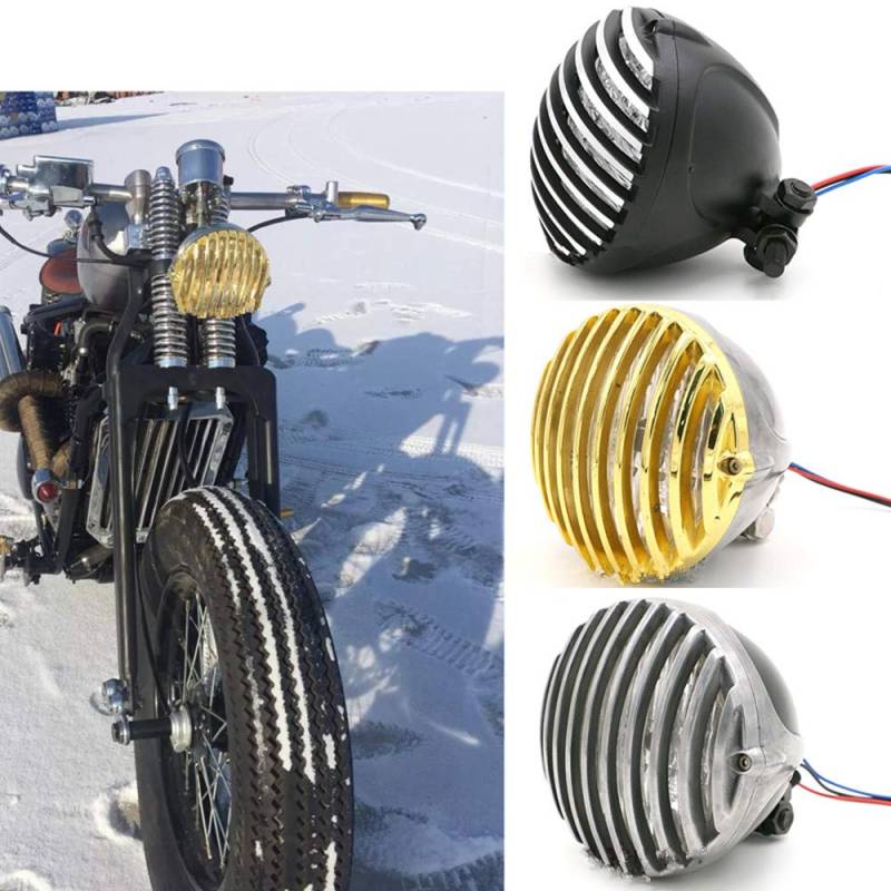 Cafe Old School überbackene Vintage Scheinwerfer Motorrad Retro Finned Grill Scheinwerfer 12V H4 Universal (Modell 3) von VATIGER