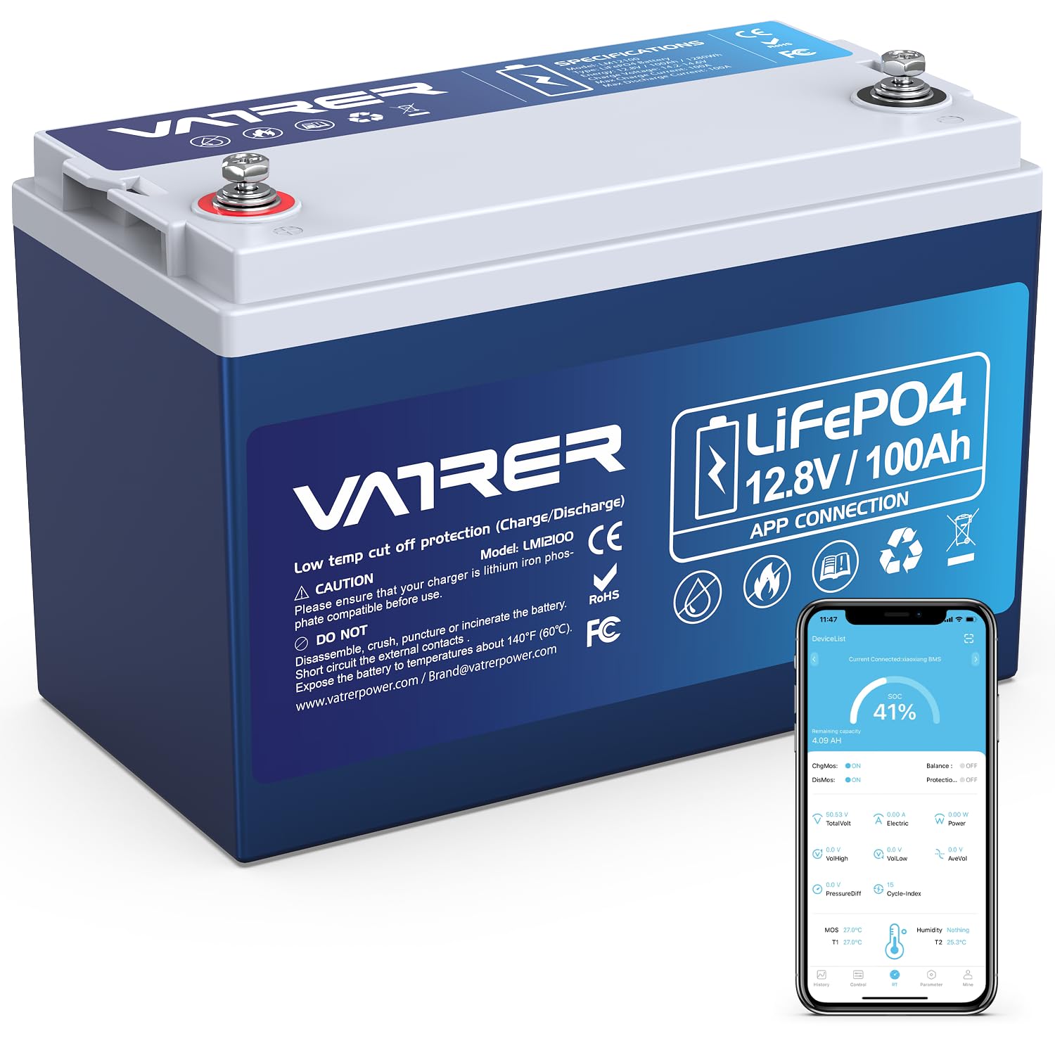 VATRER POWER 12V 100AH Bluetooth LiFePO4 Lithium Batterie mit 100A BMS 5000 Zyklen Lithium Akku 1280W Abschaltschutz bei Niedriger Temperatur Perfekter für Wohnmobil, Solar & Off-Grid-Anwendungen von VATRER POWER