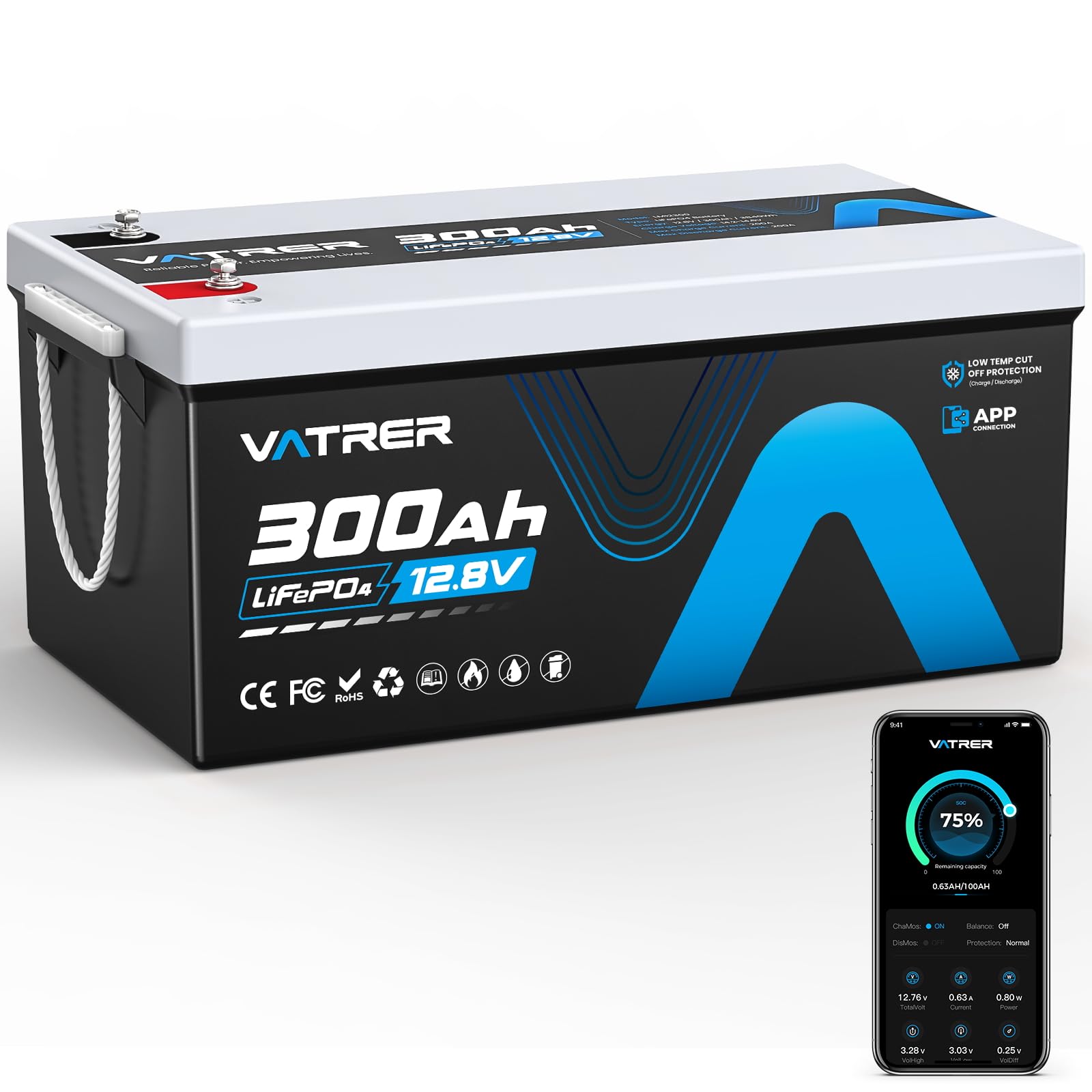 VATRER POWER LiFePO4 12V 300AH Bluetooth Lithium Batterie mit 200A BMS 5000 Zyklen Lithium Akku 3840W Abschaltschutz bei Niedriger Temperatur Perfekter für Wohnmobil, Solar & Off-Grid-Anwendungen von VATRER POWER