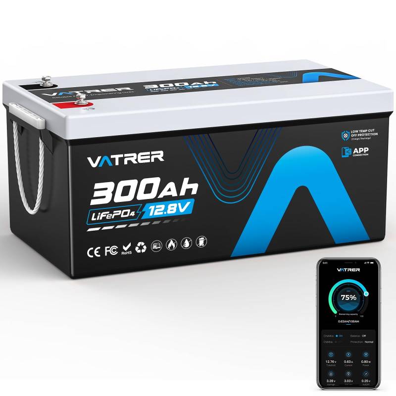 VATRER POWER LiFePO4 12V 300AH Bluetooth Lithium Batterie mit 200A BMS 5000 Zyklen Lithium Akku 3840W Abschaltschutz bei Niedriger Temperatur Perfekter für Wohnmobil, Solar & Off-Grid-Anwendungen von VATRER POWER