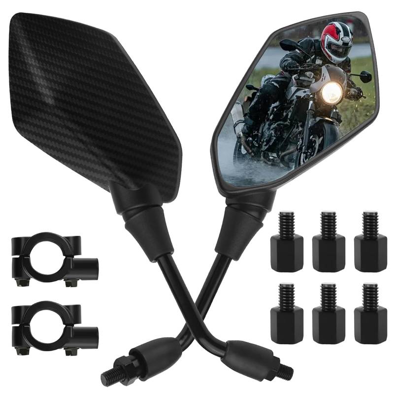 VBGURR 2 Stück Motorrad Spiegel 360°Drehbarer Kohlefaser Motorradspiegel mit 8MM 10MM Befestigungsmittel Kompatibel mit Scooter, Roller, Moped von VBGURR