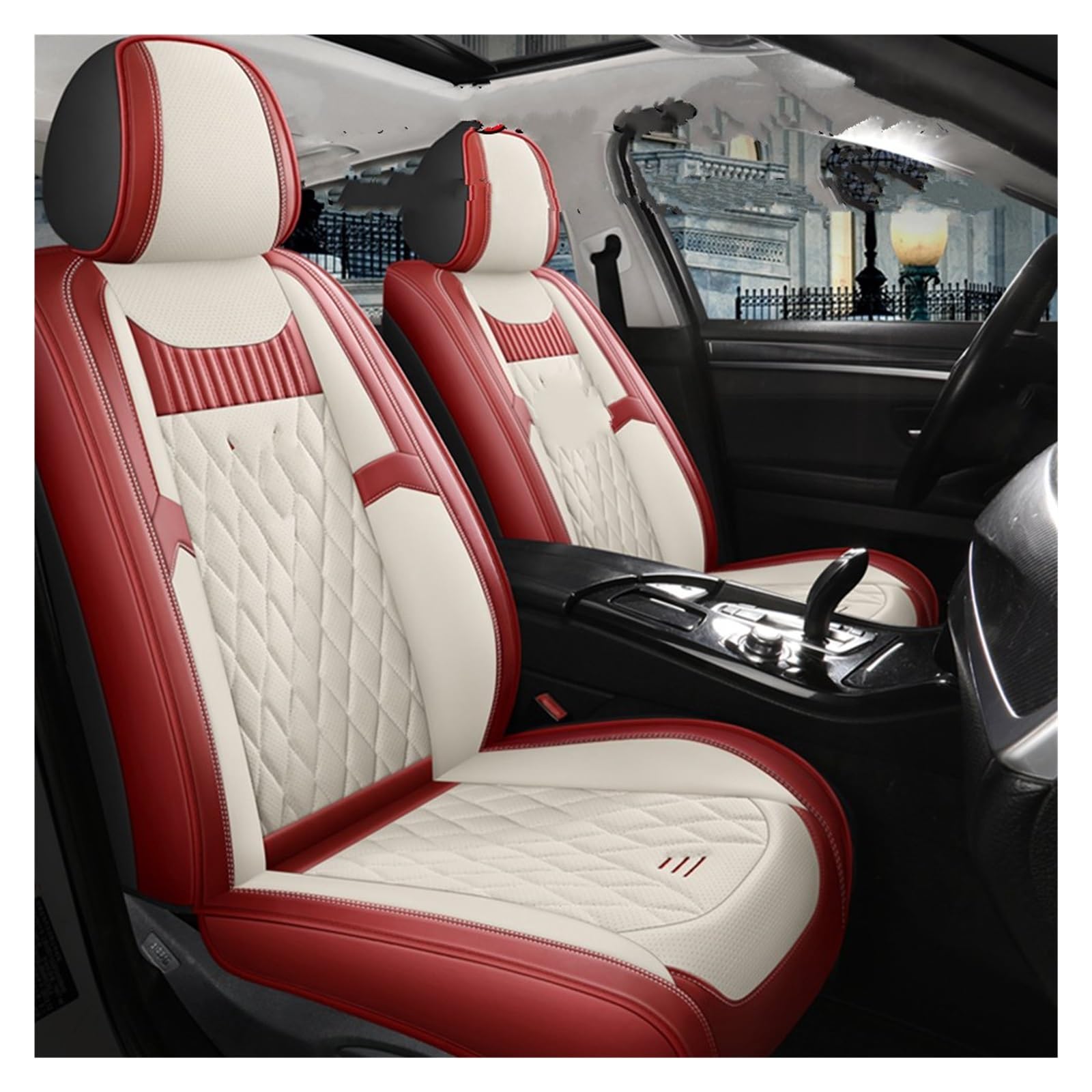 VBVGMZAS Auto Sitzbezüge Leder-Autositzbezüge für Fluence für Scenic für Clio für Captur für Kadjar für Logan 2 für Duster Arkana Kangoo Fahrzeugteile Sitzbezüge Auto(Beige Red Front) von VBVGMZAS