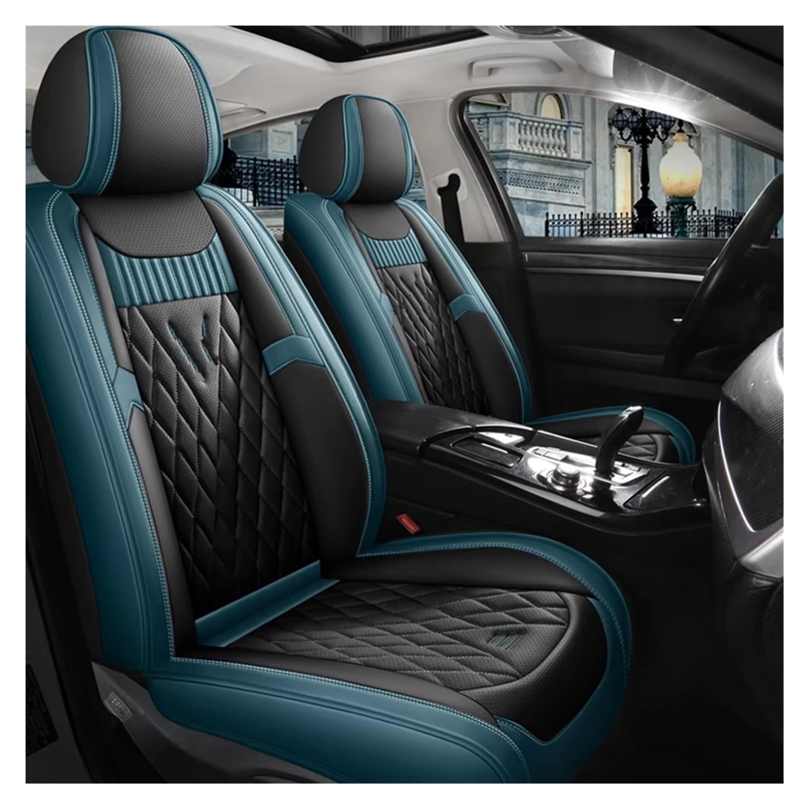 VBVGMZAS Auto Sitzbezüge Leder-Autositzbezüge für Fluence für Scenic für Clio für Captur für Kadjar für Logan 2 für Duster Arkana Kangoo Fahrzeugteile Sitzbezüge Auto(Black Blue Front) von VBVGMZAS