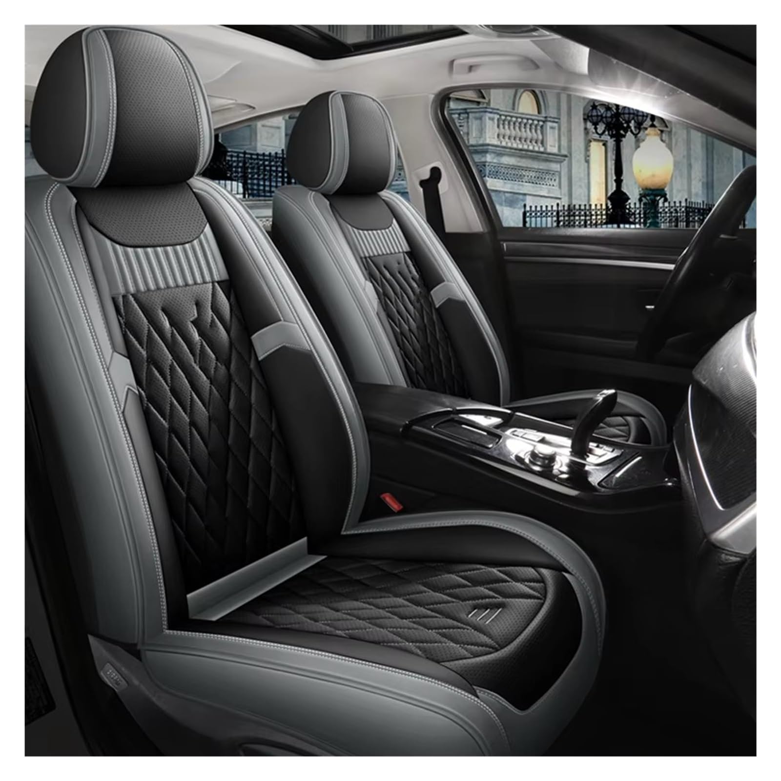 VBVGMZAS Auto Sitzbezüge Leder-Autositzbezüge für Fluence für Scenic für Clio für Captur für Kadjar für Logan 2 für Duster Arkana Kangoo Fahrzeugteile Sitzbezüge Auto(Black Gray Front) von VBVGMZAS