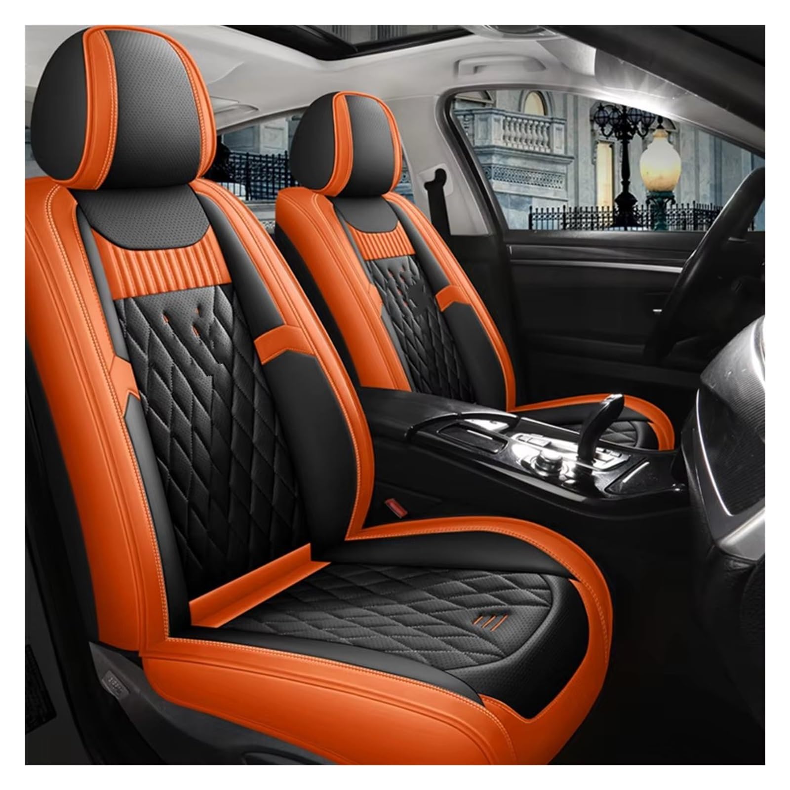 VBVGMZAS Auto Sitzbezüge Leder-Autositzbezüge für Fluence für Scenic für Clio für Captur für Kadjar für Logan 2 für Duster Arkana Kangoo Fahrzeugteile Sitzbezüge Auto(Black Orange Front) von VBVGMZAS