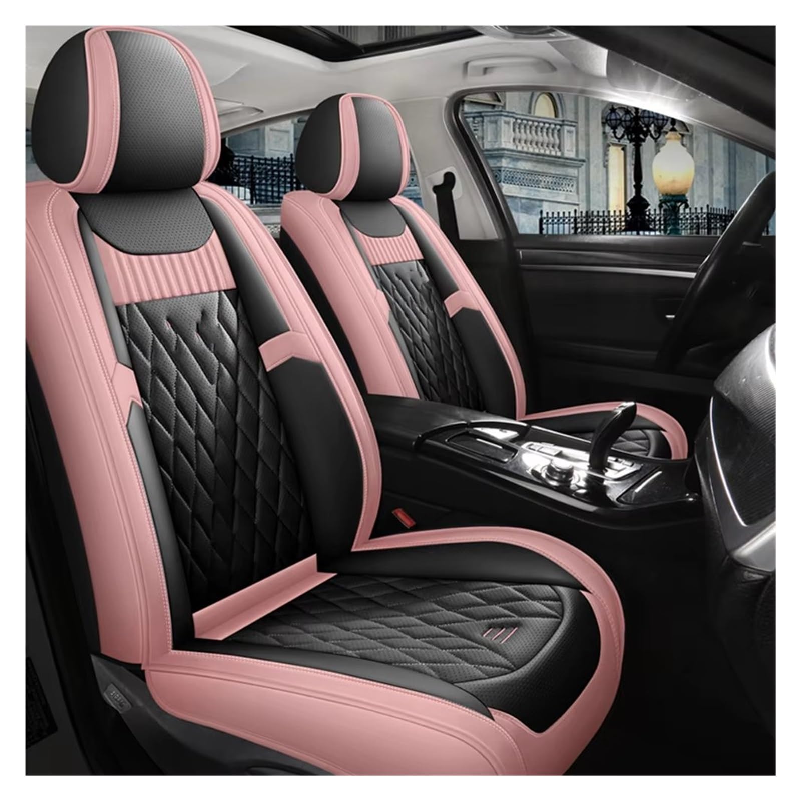 VBVGMZAS Auto Sitzbezüge Leder-Autositzbezüge für Fluence für Scenic für Clio für Captur für Kadjar für Logan 2 für Duster Arkana Kangoo Fahrzeugteile Sitzbezüge Auto(Black Pink Front) von VBVGMZAS