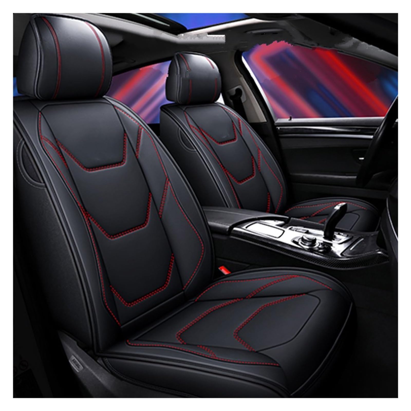 VBVGMZAS Auto Sitzbezüge Leder Universal Autositzbezüge für X1 für X6 für X4 für X3 für X5 F10 F20 520 525 320 E36 E46 Innensitzschutz Autozubehör Sitzbezüge Auto(Black Red Line Front) von VBVGMZAS