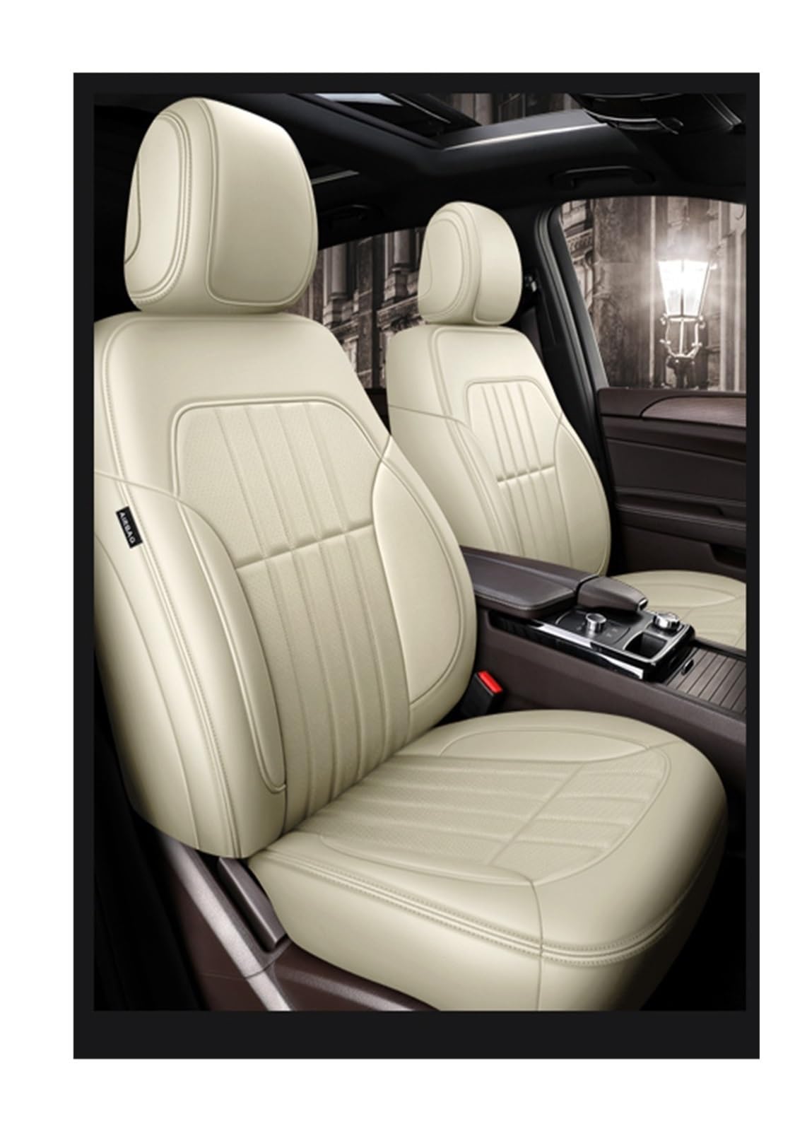 VBVGMZAS Auto Sitzbezüge Passgenauer Autozubehör-Sitzbezug für 5 Sitze, komplettes Set aus Leder für Benz W204 W205 W211 W203, vorne und hinten Sitzbezüge Auto(Beige) von VBVGMZAS