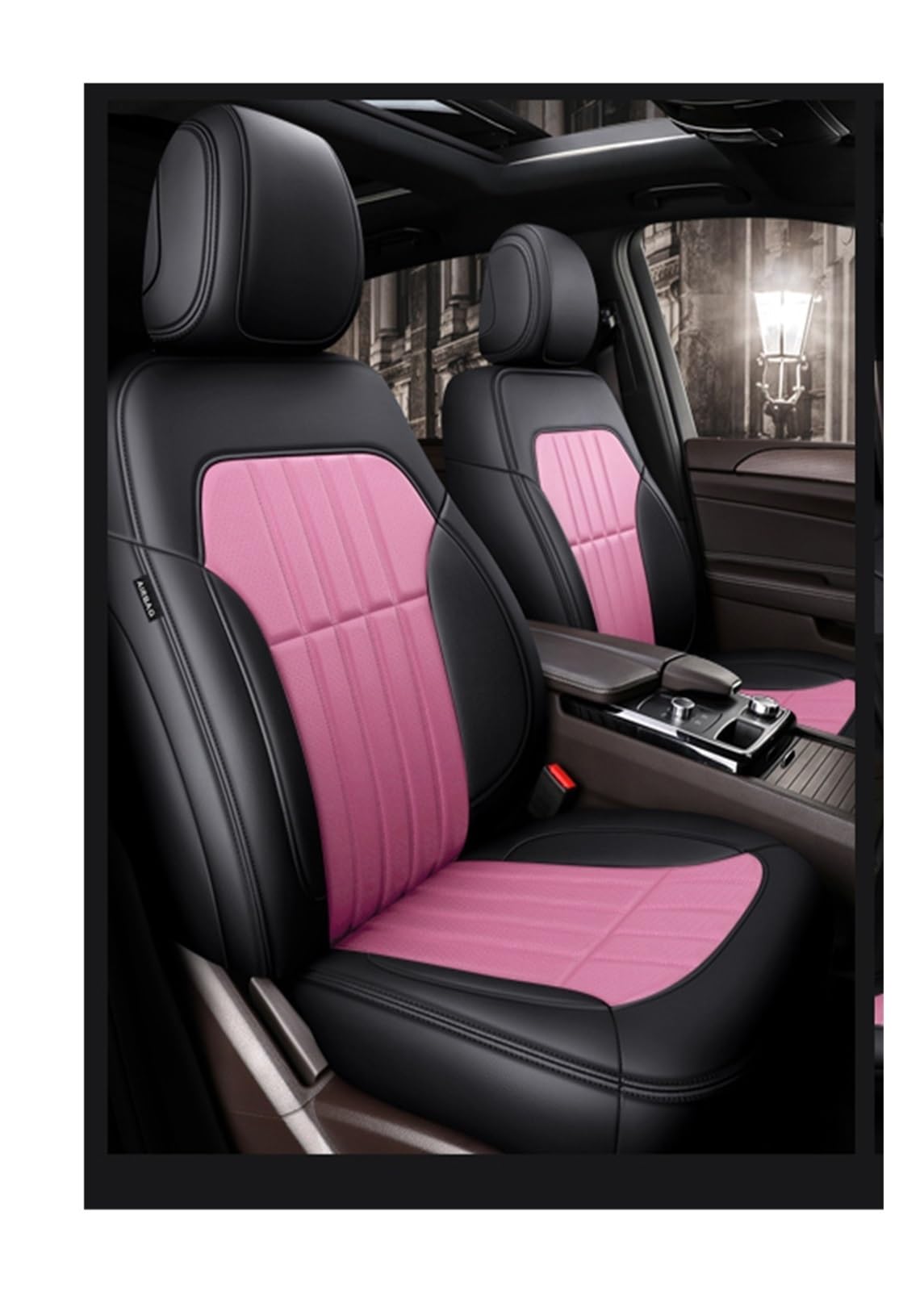 VBVGMZAS Auto Sitzbezüge Passgenauer Autozubehör-Sitzbezug für 5 Sitze, komplettes Set aus Leder für Benz W204 W205 W211 W203, vorne und hinten Sitzbezüge Auto(Black pink) von VBVGMZAS