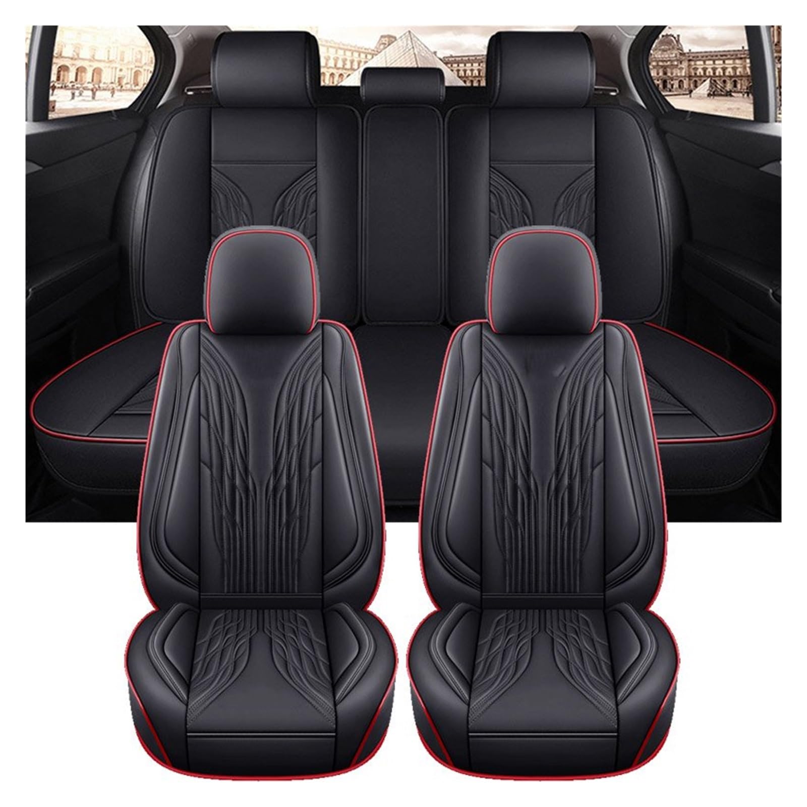 VBVGMZAS Auto Sitzbezüge Universal Autositzbezug Komplettset für Serie 1 E87 F31 Damen Niedlich Schwarz Rot Leder Sitzbezüge Auto(5 PCS 3) von VBVGMZAS